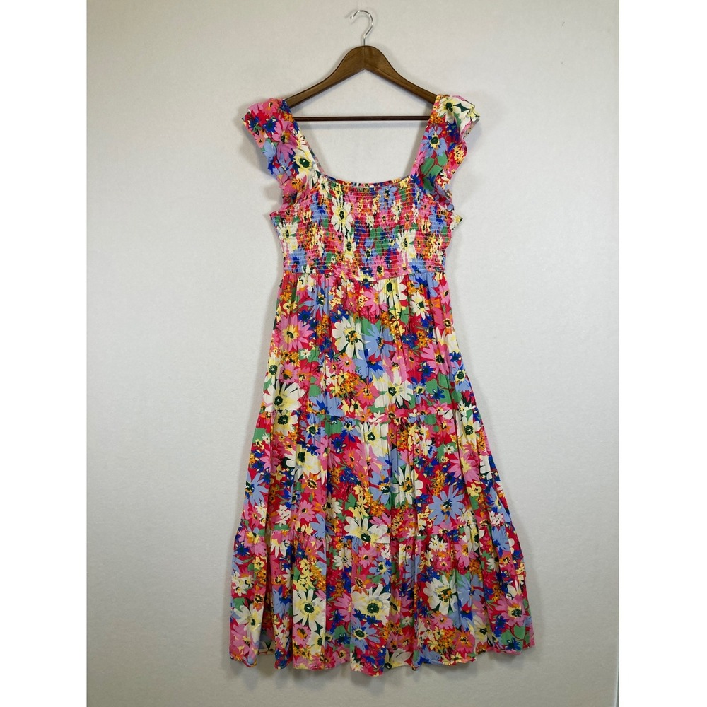 Jodifl Floral Smocked Midi Dress Womens Medium Multicolor Ruffle Tiered G10173